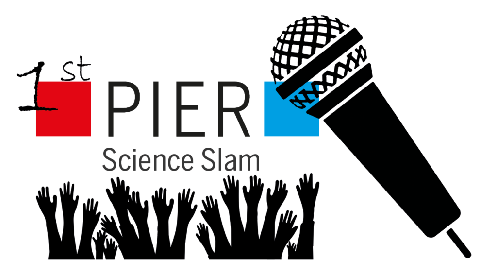 Logo of the First PIER Science Slam showing the PIER logo, a microphone and many raised arms
