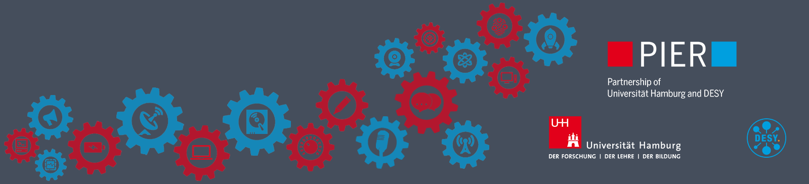 Banner Image showing gear wheels with Icons, the PIER Logo, the Universität Hamburg Logo and the DESY Logo