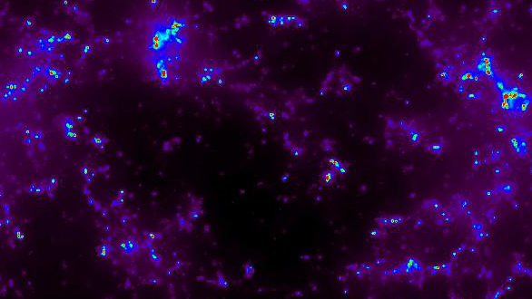 A simulation box that shows colour-scaled the intensity of Lyman-alpha radiation for a large-scale patch of the Universe. Bright areas show where galaxies, clusters and intergalactic medium are concentrated.