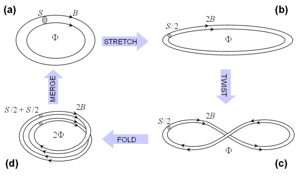 Turbulent motions move the fluid and its embedded magnetic fields around and amplify magnetic fields via the Stretch-Twist-Fold mechanism. 