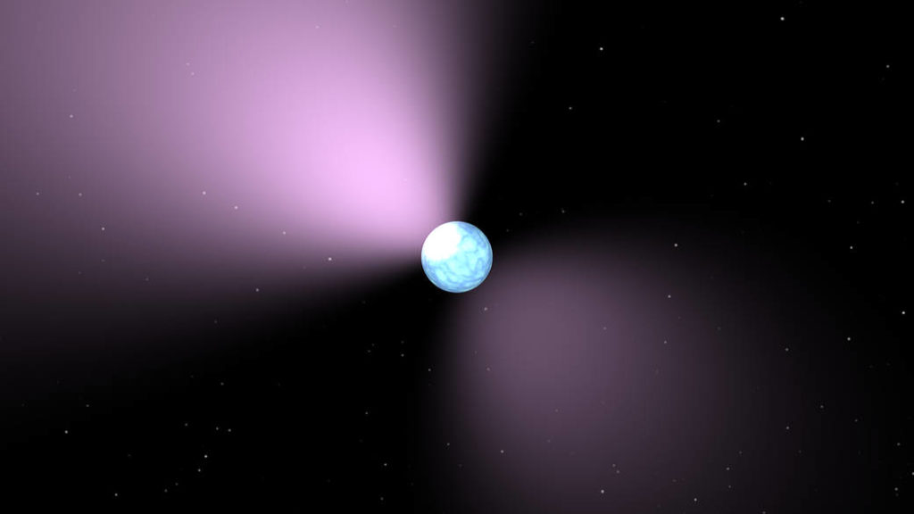 This image shows an artist's impression of a pulsar which is a highly magnetized neutron star. On a dark background with stars, there is a blue sphere which emits light from two directions.