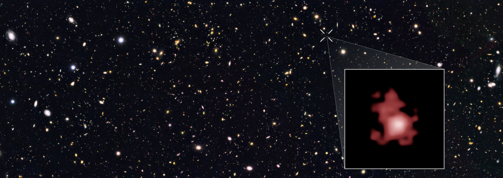 In the foreground an image of one of the earliest galaxies detected so far is shown, background shows stars and galaxies from the Great Observatories Origins Deep Survey.