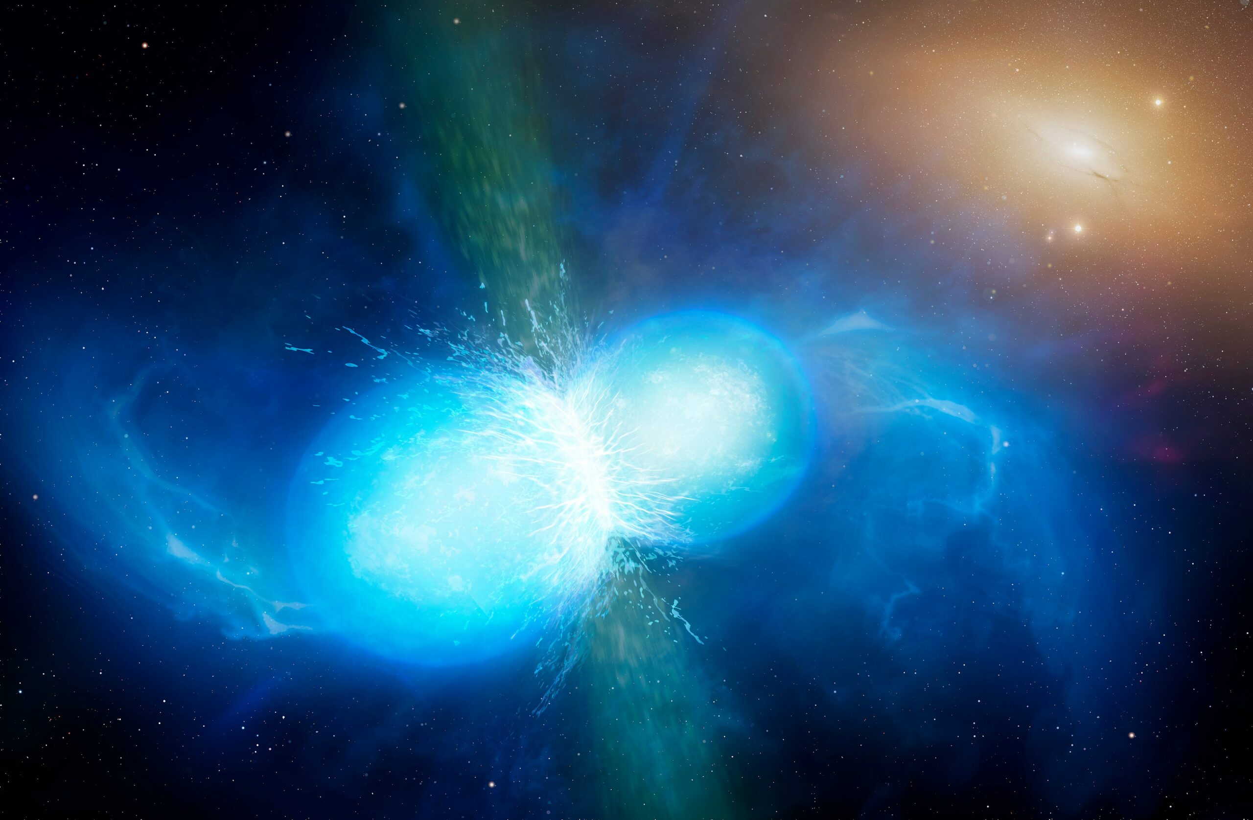 Artistic illustration of two stars colliding in space, and a galaxy in the background. 