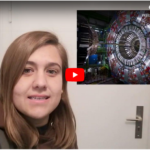 Screenshot of a YouTube video preview showing a young woman looking at the camera and an image of a particle detector next to her face