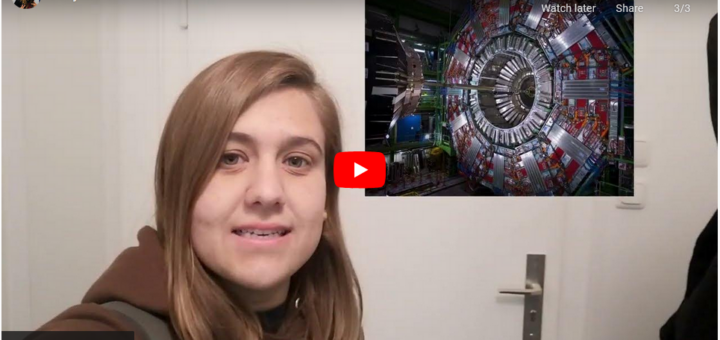 Screenshot of a YouTube video preview showing a young woman looking at the camera and an image of a particle detector next to her face