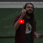 screenshot of the YouTube video preview of Benoît Richard's Slam at the 1st PIER science slam showing a young man raising his arm in front of a blackboard with nonsensical formulas