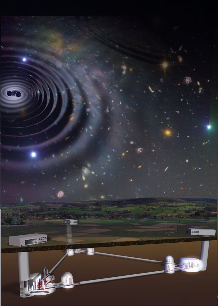 Illustration showing the Einstein Telescope underground and galaxies and a black hole collision on the sky above.  
