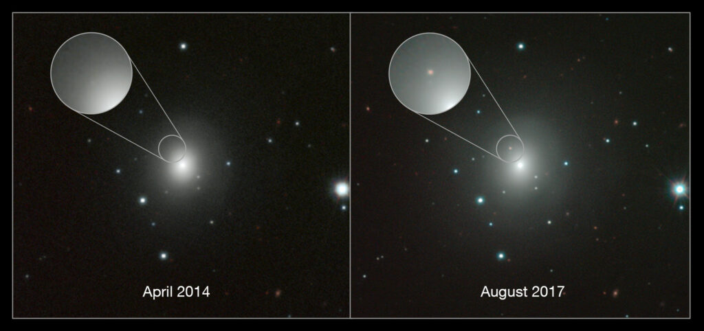 Composition of two images of the same area of the sky showing a galaxy at the center, before and after the emission of light by the merging of two neutron stars.