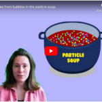 Screenshot of a YouTube preview showing a young woman in front of a purple background. next to her is a sketch of a pot containing a liquid with numerous colored dots. on the pot it says "particle soup"