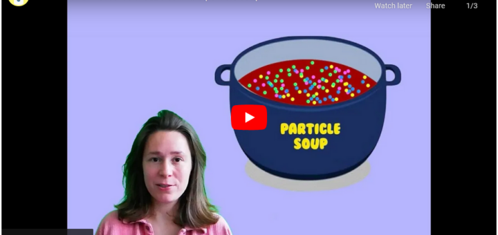 Screenshot of a YouTube preview showing a young woman in front of a purple background. next to her is a sketch of a pot containing a liquid with numerous colored dots. on the pot it says "particle soup"