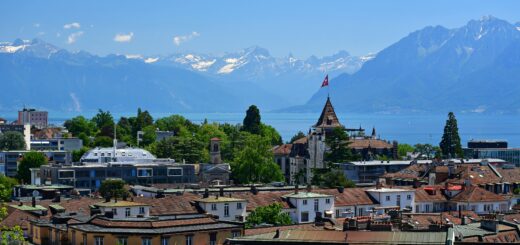 The city of Lausanne, the lake of Geneva and the alps