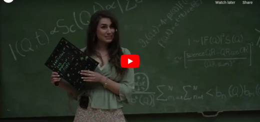 screenshot of the YouTube video preview of Maria Font's Slam at the 1st PIER science slam showing a smiling young woman holding a book in front of a blackboard with nonsensical formulas