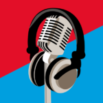 microphone and headphones on a red/blue background